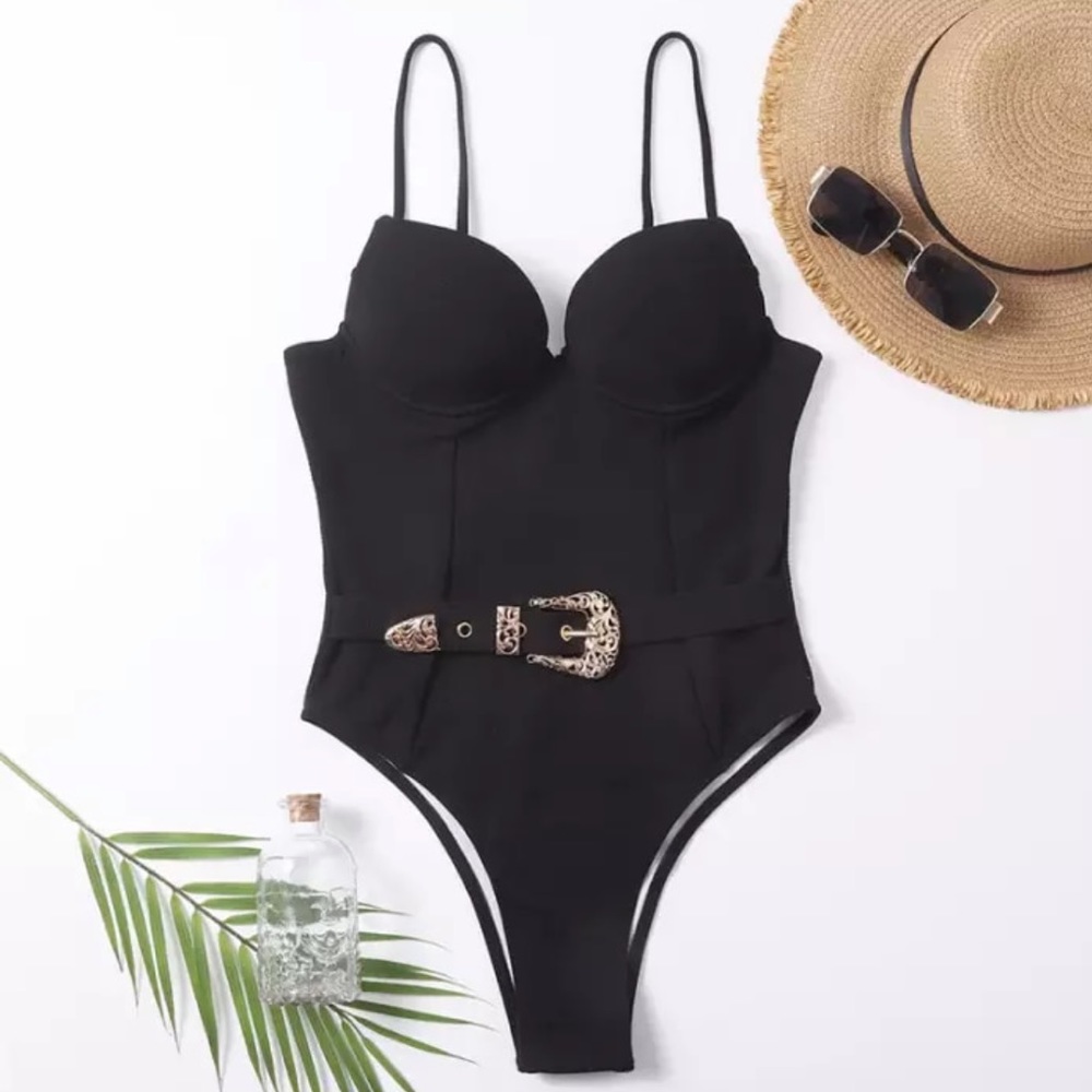 🎉New Sexy Push Up Underwire Solid Black Padded Buckle One Piece Swimsuit - Picture 2 of 7